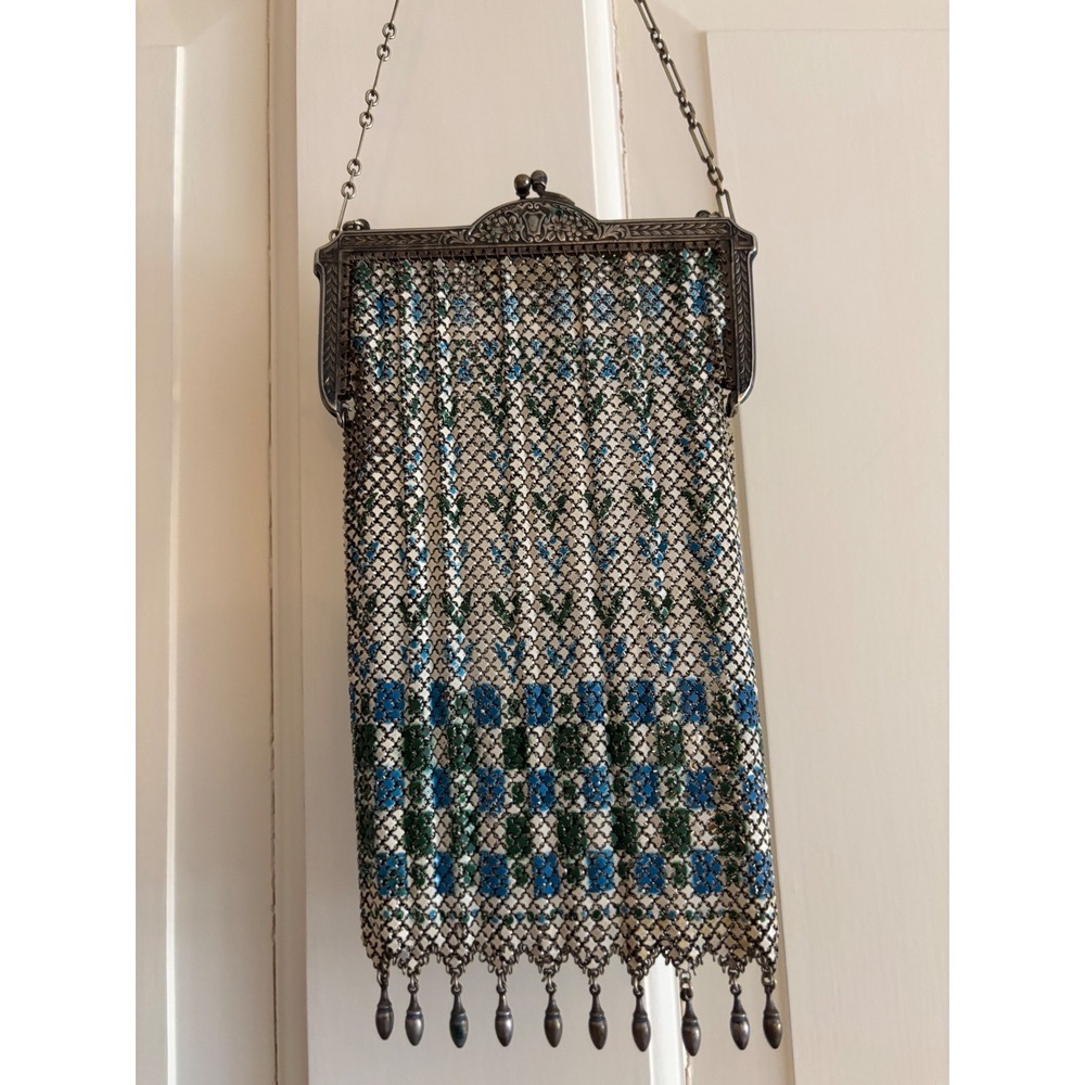 Antique Whiting & Davis Art Deco Mesh Evening Bag Blue Green Geometric Kiss Lock